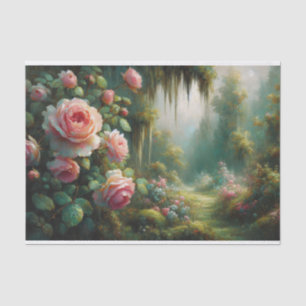 Rosa Rosen und Grüner Moos Impressionistischer Dec Seidenpapier