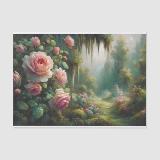 Rosa Rosen und grünes Moos - beeindruckende Dekoup Seidenpapier (Vorderseite)
