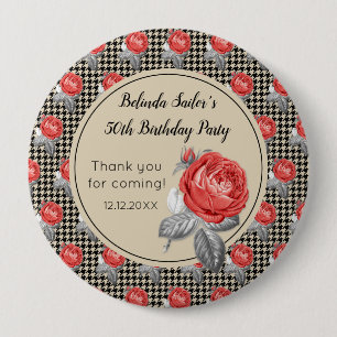 Rosa Rosen und Houndstooth Alles Gute zum Geburtst Button