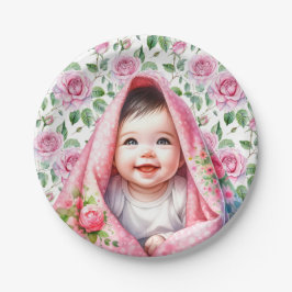 Rosa Rosen und lächelnde Baby Girl's Baby Shower Pappteller