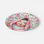 Rosa Rosen und lächelnde Baby Girl's Baby Shower Pappteller (Schrägansicht)