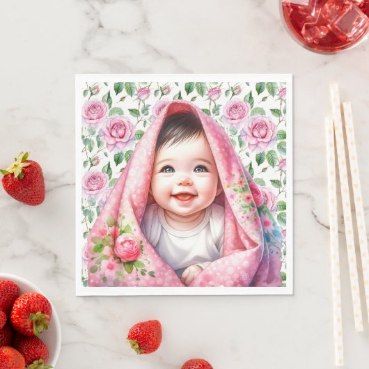 Rosa Rosen und lächelnde Baby Girl's Baby Shower Serviette (Beispiel)