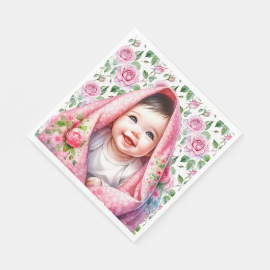 Rosa Rosen und lächelnde Baby Girl's Baby Shower Serviette (Ecke)