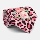 Rosa Rosen und Leopard Print Punk Rock Neck Tie Krawatte (Gerollt)