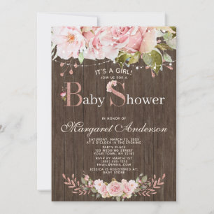Rosa Rosen und Lichter Holz Baby Shower Einladung