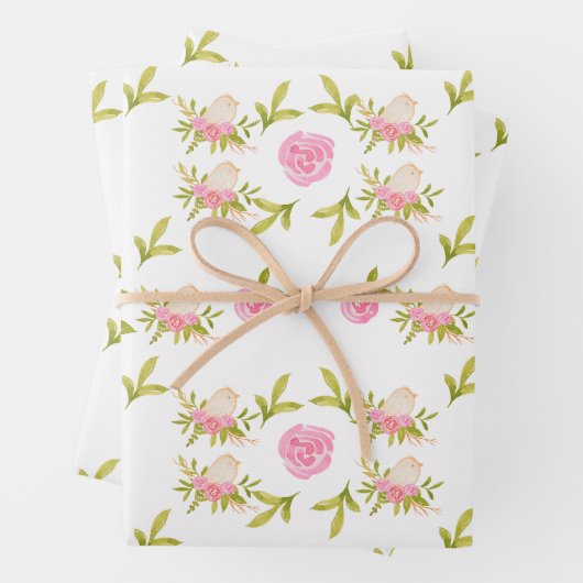 Rosa Rosen und Niedliche Babyvögel Geschenkpapier Set (Beispiel)