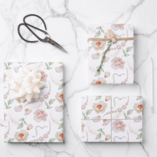Rosa Rosen und Perlen Hochzeits-Aquarelle Geschenkpapier Set