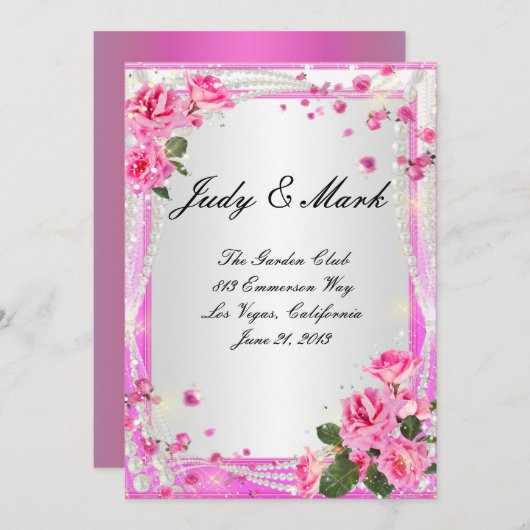 Rosa Rosen und Perlen Hochzeitskarte Menükarte (Vorne/Hinten)