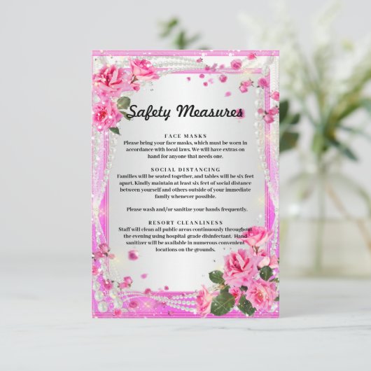 Rosa Rosen und Perlen - Sicherheitsmaßnahmen Begleitkarte (Stehend Vorderseite)