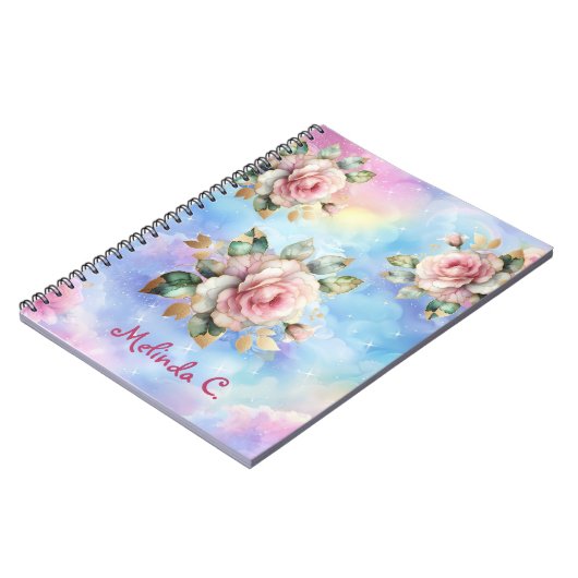 Rosa Rosen und Regenbogenwolken-Notebook Notizblock (Linke Seite)