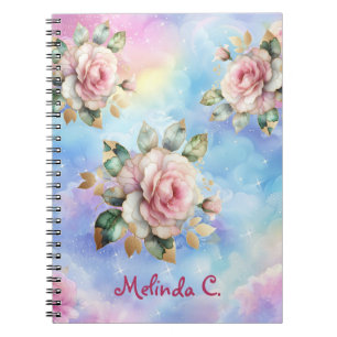 Rosa Rosen und Regenbogenwolken-Notebook Notizblock