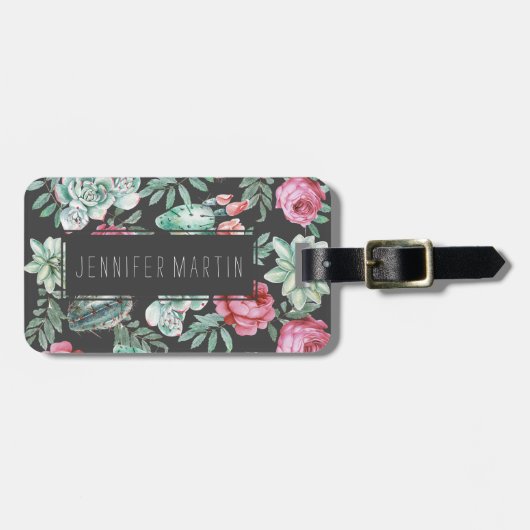 Rosa Rosen und saftiges Kaktus-Muster auf Gepäckanhänger (Vorderseite horizontal)
