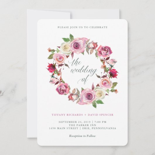 Rosa Rosen und schick graue Streifen | Hochzeitskr Einladung (Vorderseite)