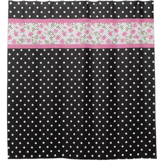 Rosa Rosen und schwarz-weiße Polka-Punkte Duschvorhang (Vorderseite)