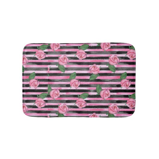 Rosa Rosen und schwarze Streifen Bath Ruck Badematte (Vorderseite)