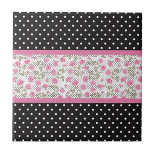 Rosa Rosen und schwarze und weiße Polka-Punkte Fliese