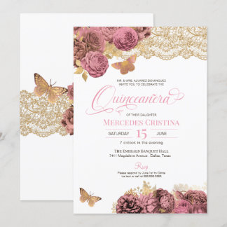 Rosa Rosen und Spitzen Gold Schmetterling Quinceañ Einladung