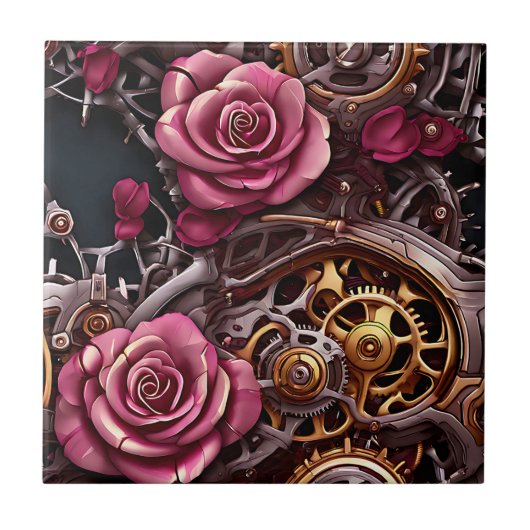 Rosa Rosen und Steampunk-Metallgetriebe Fliese (Vorderseite)