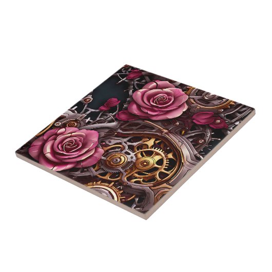 Rosa Rosen und Steampunk-Metallgetriebe Fliese (Seite)