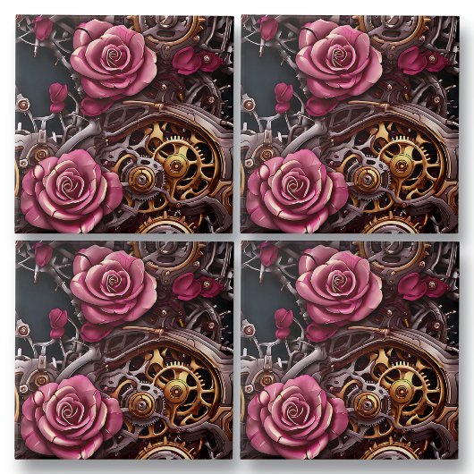 Rosa Rosen und Steampunk-Metallgetriebe Fliese