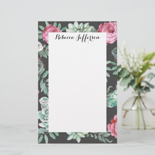 Rosa Rosen und Sukkulentes Kakteen-Muster auf Schw Briefpapier (Stehend Vorderseite)