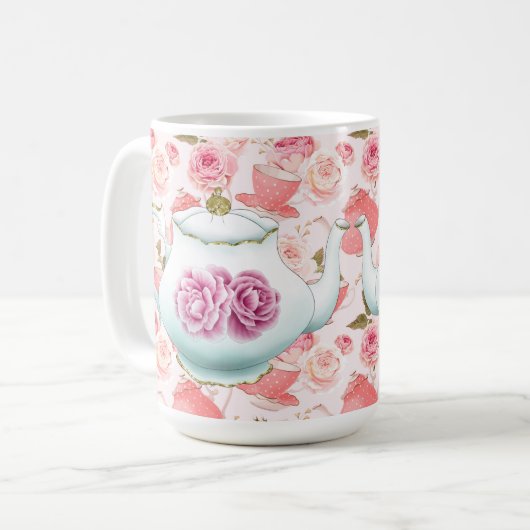 Rosa Rosen und Teebeutel Tasse (Vorderseite Links)