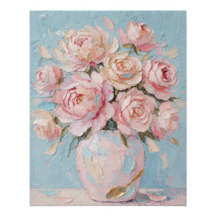 Rosa Rosen Vasen Impasto Ölgemälde Kunst Poster