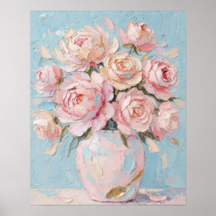 Rosa Rosen Vasen Impasto Ölgemälde Kunst Poster