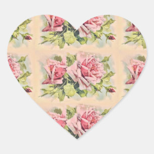 Rosa Rosen Vintage-Blumen Herz-Aufkleber