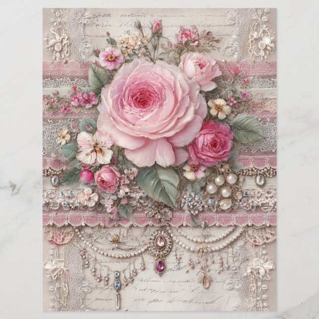 Rosa Rosen Vintage-Junk-Journal-Scrapbook-Papier (Vorderseite)