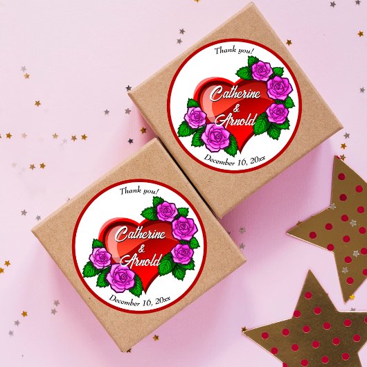 Rosa Rosen vom roten Herzen Danke Gastgeschenk Hoc Runder Aufkleber