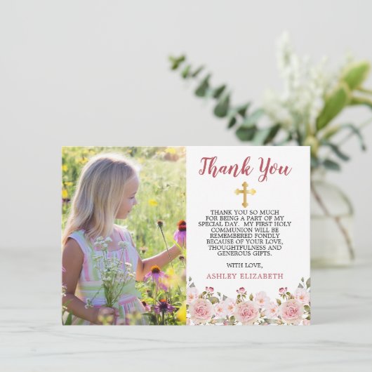 Rosa Rosen Wasserfarbe Floral Erste Kommune Dankeskarte (Stehend Vorderseite)