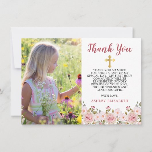 Rosa Rosen Wasserfarbe Floral Erste Kommune Dankeskarte (Vorderseite)