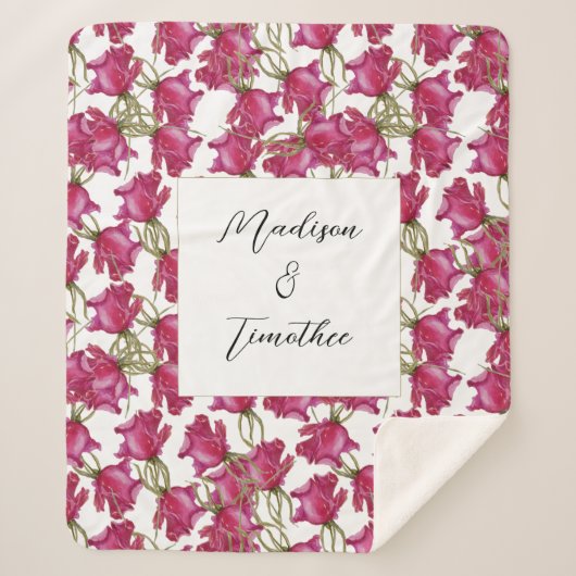 Rosa Rosen Wasserfarbe Mit Monogramm Handgestriche Sherpadecke (Vorderseite)