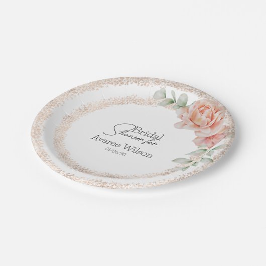 Rosa Rosen Wasserfarbe und Glitzer Brautparty Pappteller (Schrägansicht)