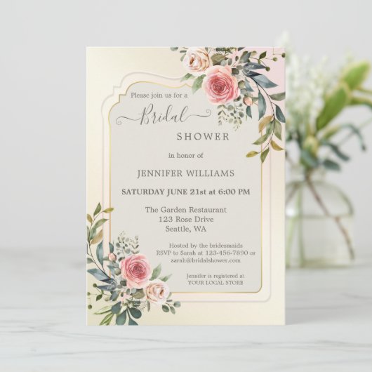 Rosa Rosen Wasserfarben Brautparty Invitati Einladung (Stehend Vorderseite)