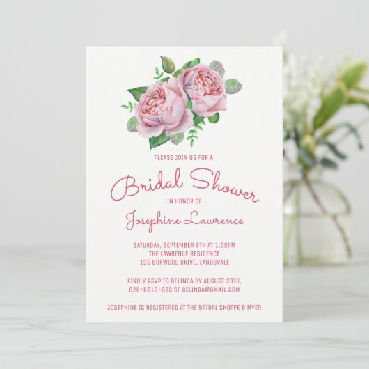Rosa Rosen Wasserfarben Bridal Dusche Einladungen (Stehend Vorderseite)