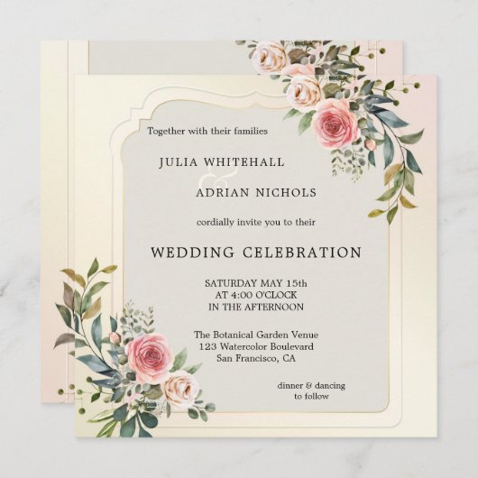 Rosa Rosen Wasserfarben Einladung Hochzeitsfeiern (Vorne/Hinten)