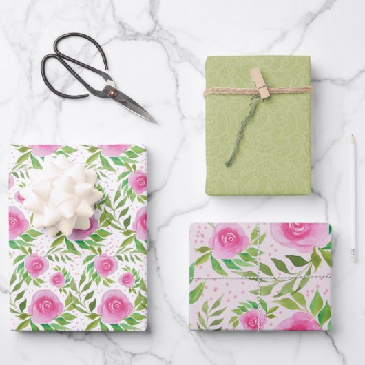 Rosa Rosen, Wasserfarben Handgestrichen Geschenkpapier Set (Vorderseite)