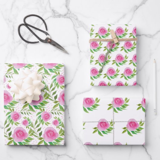 Rosa Rosen, Wasserfarben Handgestrichen Geschenkpapier Set (Vorderseite)