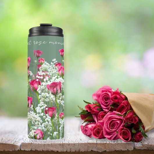 Rosa Rosen Weiße Blume Sweet Green Inspiration Thermosbecher
