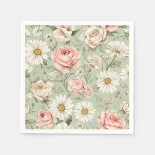 Rosa Rosen Weiße Gänseblümchen Blumenmuster  Serviette