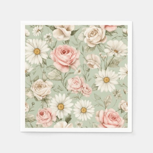 Rosa Rosen Weiße Margeriten Floral  Serviette (Vorderseite)