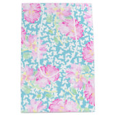 Rosa Rosen Weiße Schmetterlinge, blaue mittelgroße Mittlere Geschenktüte (Vorderseite)