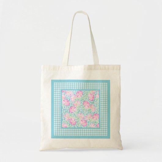 Rosa Rosen, weiße Schmetterlinge, Gingham Tote Beu Tragetasche (Vorne)
