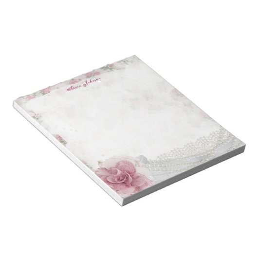 Rosa Rosen, weiße Spitzen und Imitate Pearpad Note Notizblock (angewinkelt)