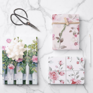 Rosa Rosen Weiße Zaun Hochzeitsdusche Geschenkpapier Set