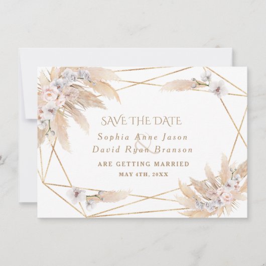 Rosa Rosen Weißer Orchid Pampas Grass Goldhochzeit Save The Date (Vorderseite)