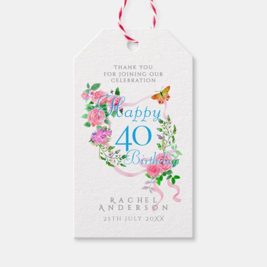 Rosa Rosenband 40. Geburtstag Geschenkanhänger (Vorderseite)