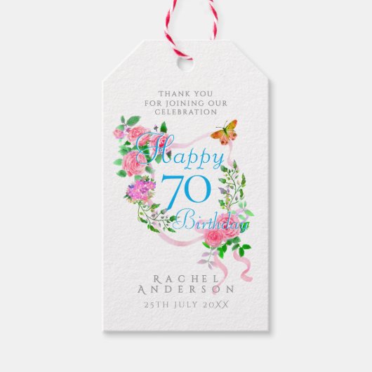Rosa Rosenband 70. Geburtstag Geschenkanhänger (Vorderseite)